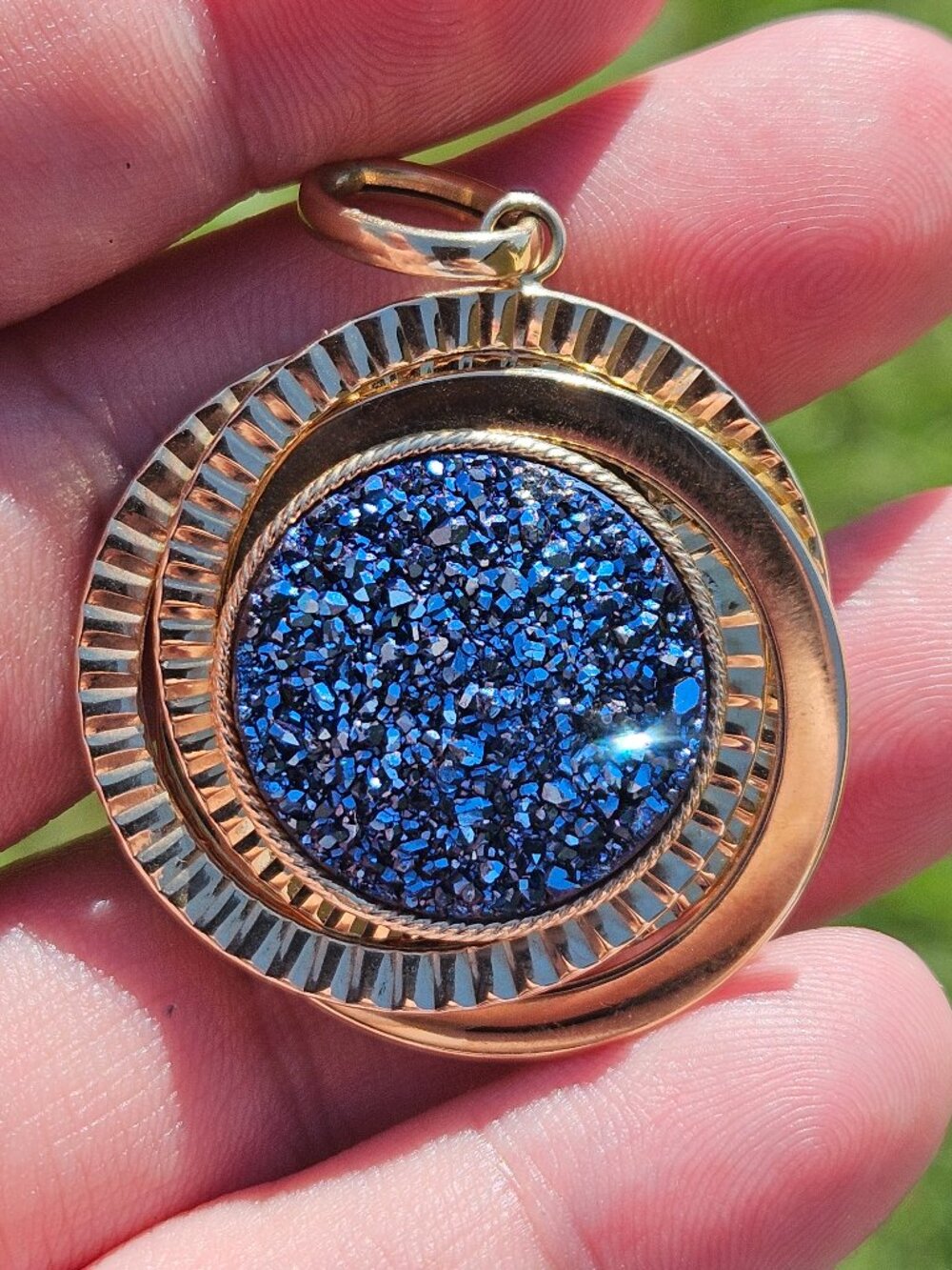 14K Yellow Italian Gold Reversible Druzy Quartz Blue Labradorite Pendant Charm